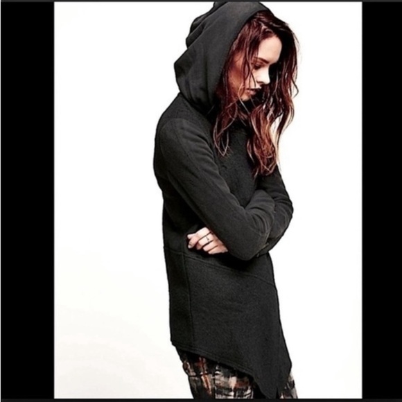 Free People Coat Black Drippy Wool Jacket S Asymmetrical Granola Girl Boho Cozy - Picture 3 of 16